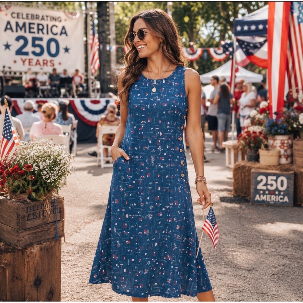 Koret Blue Sleeveless Midi Dress with Tiny Red & White Prints